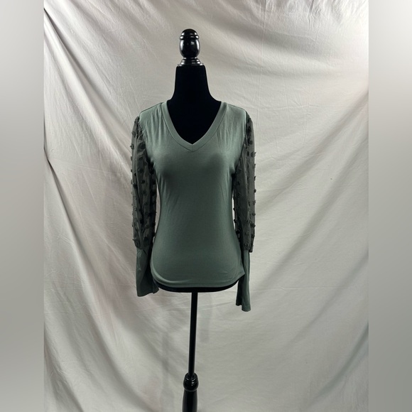 Green Swiss Dot Ribbed Gigot Sleeve V Neck Top - Picture 6 of 7